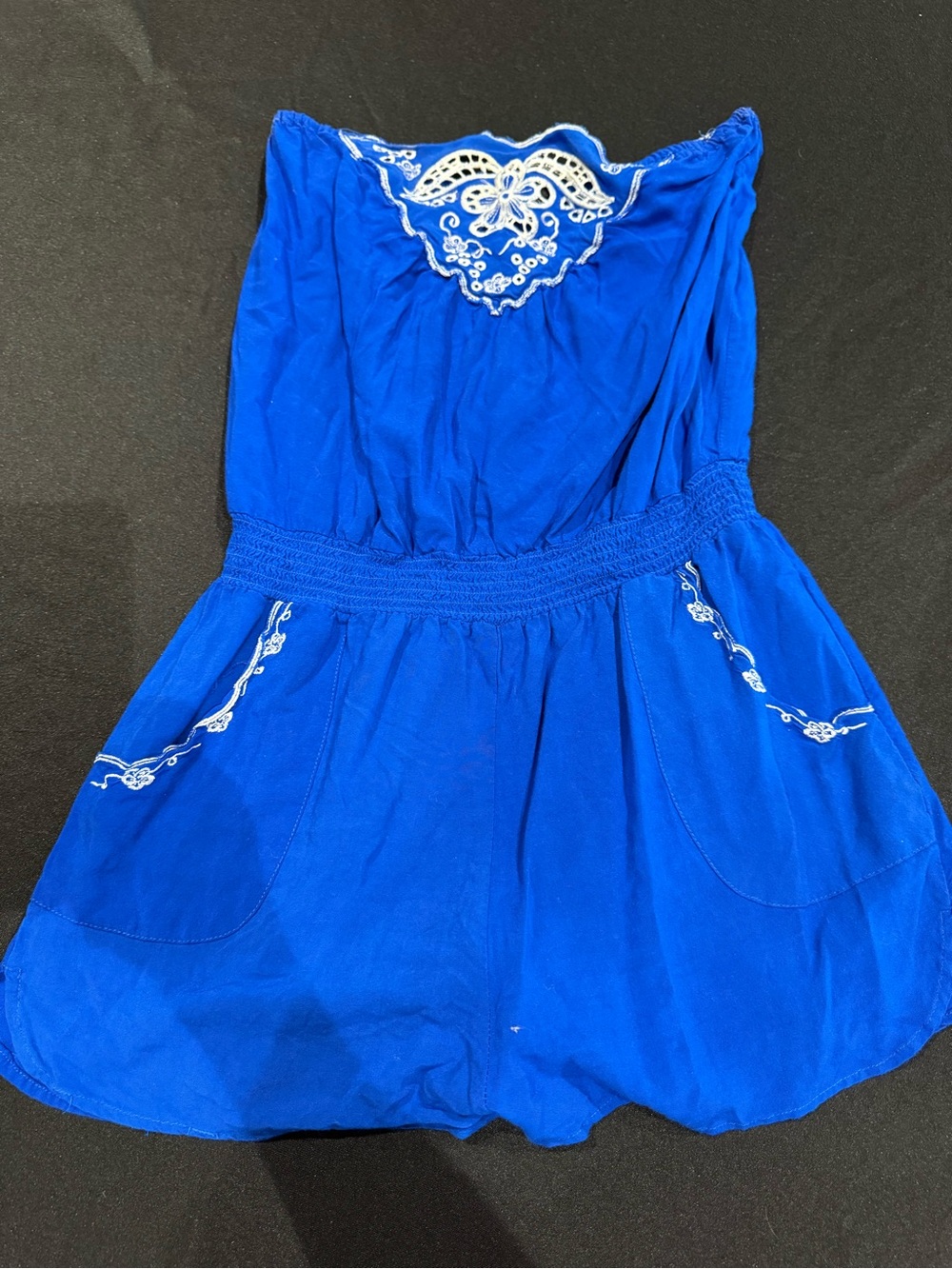 Strapless Royal Blue Embroidered Romper
